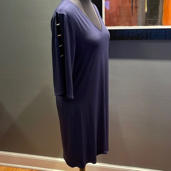 MICHAEL Michael Kors navy stretch open gold bar ladder upper sleeve midi. Small - Picture 1 of 6